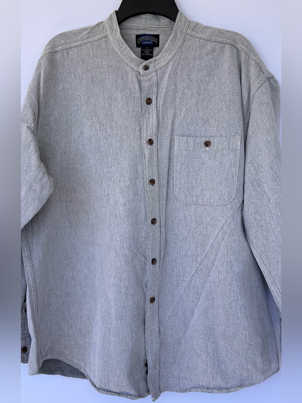 Cambridge Classics Men’s Button Up Shirt Band Collar Long Sleeve Size Large